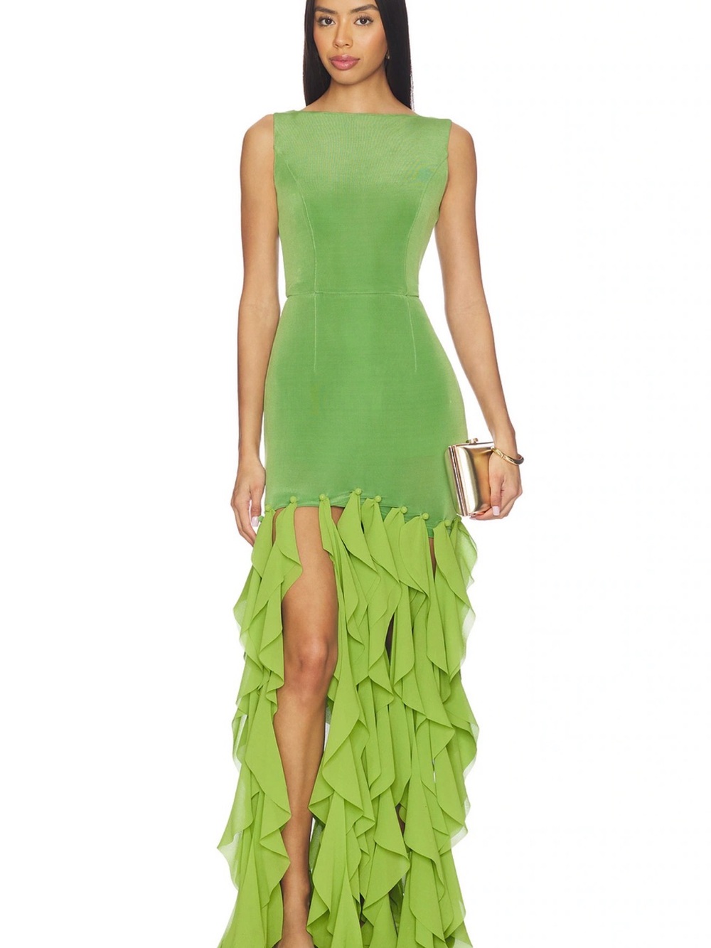 Green Ruffled High-Slit Evening Dress - Women - Picture 4 of 4